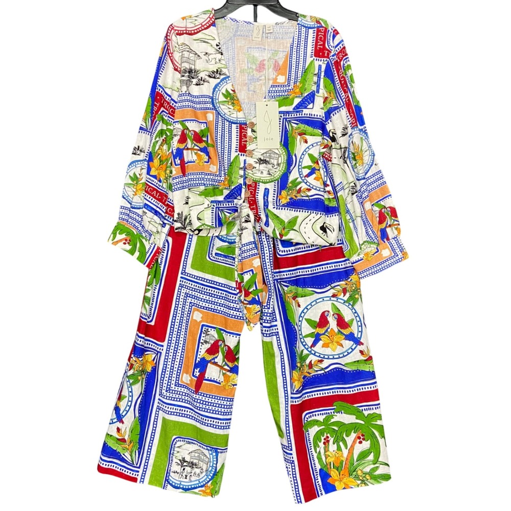 JOIE Women's Multicolor Tropical Print Linen Blend Top & Pants Set Size S NEW‎